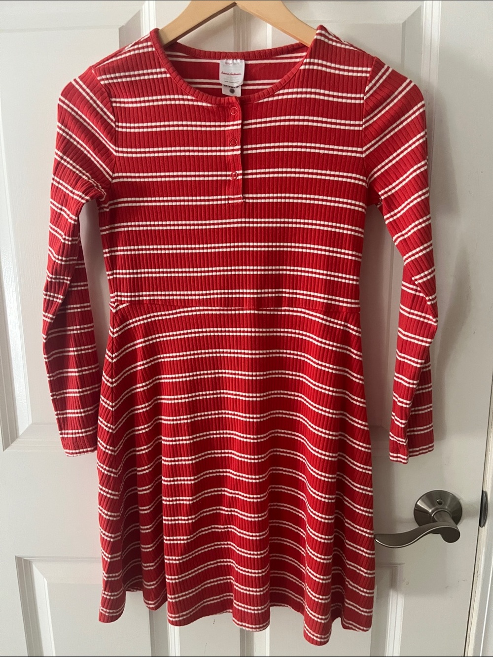 Hanna Anderson striped Dress Long Sleeve ribbed Henley, red, white mini Size 12